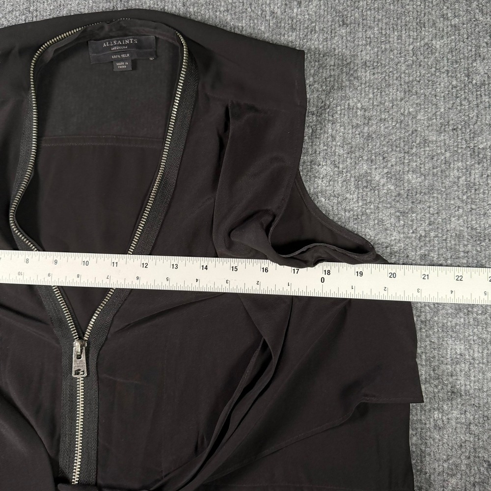 AllSaints Silk Sleeveless Zip Front Top Womens Medium Black Draped Asymmetrical - Picture 6 of 13